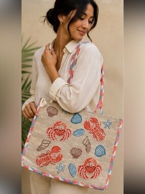 Beaded Coastal Tote with Lobster & Shell Motifs - Natural, Coral & Teal NWT
